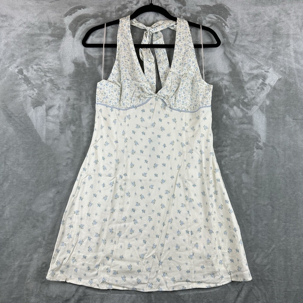 Papermoon Halter Mini Dress Women's L Cream Blue Ditsy Floral V-Neck Cotton NEW